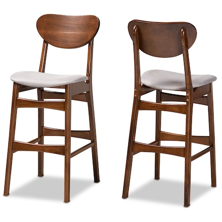 Baxton Studio Katya Mid-Century Modern Grey Fabric and Walnut Brown Finished Wood 2-Piece Bar Stool Set 184-11641-Zoro